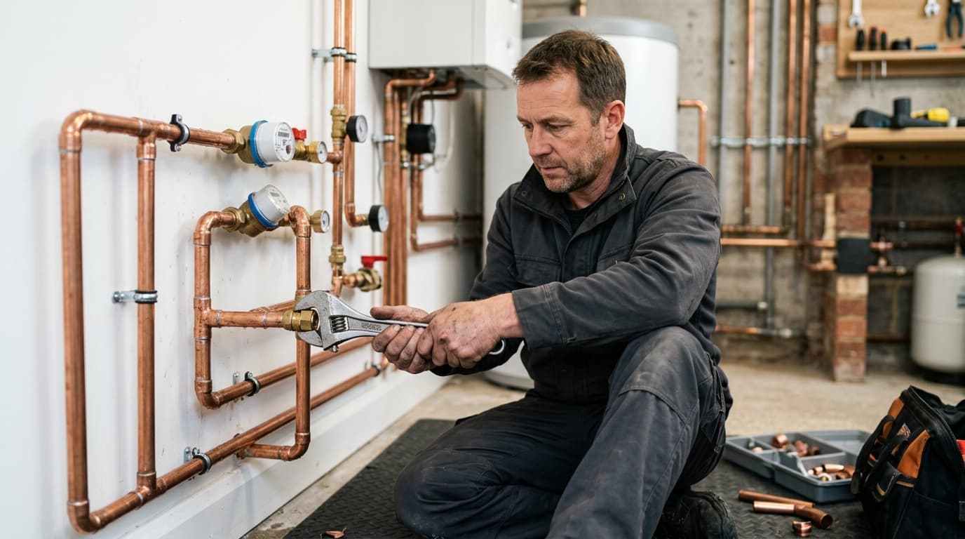 Técnico gasfitero instalando tuberías